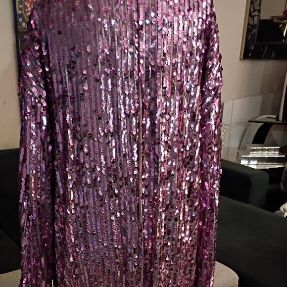 FREE PEOPLE PURPLE LILAC PINK SEQUIN w/BLACK SATIN TRIM DUSTER/COAT SZ L  NWT - Picture 9 of 10